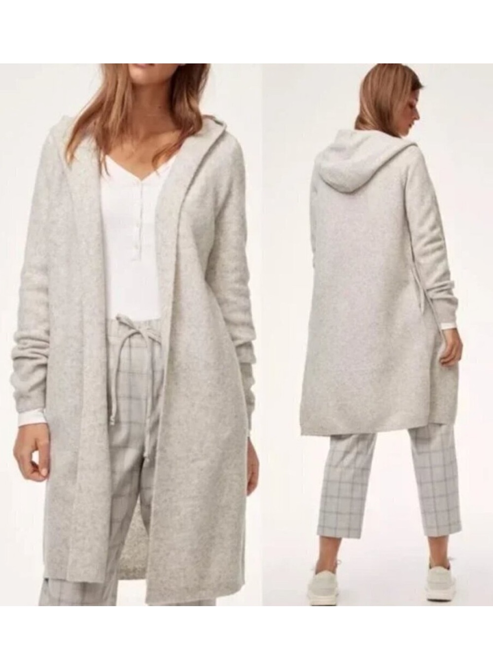 Babaton Light Gray Hooded Open-Front Long Cardigan